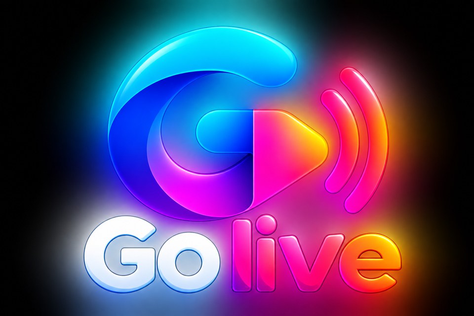 GoLive logo: a neon G with a play button and broadcast waves, above the word Golive